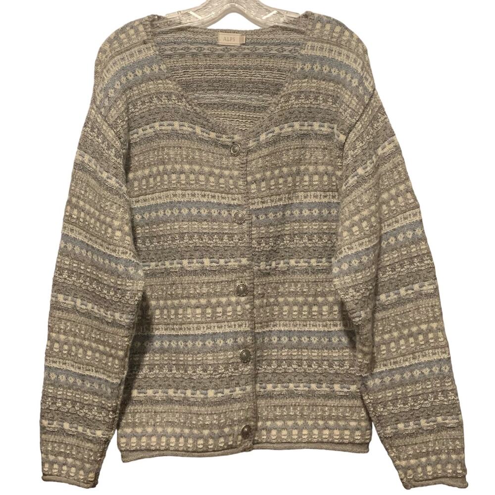 Women's ALPS Cardigan Sweater Size L Gray Nordic Print Metal Buttons Wool Blend